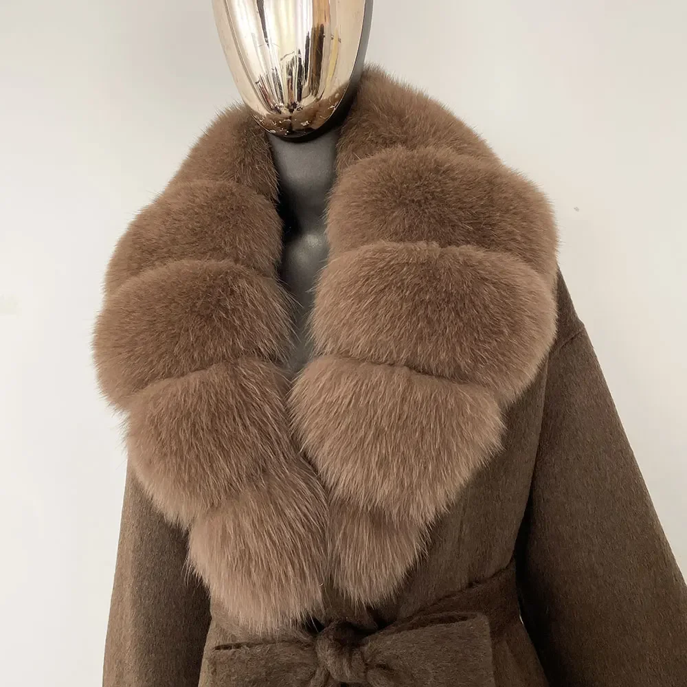 OFTBUY Real Fur Coat 2024 Oversize Ladies Outerwear Winter Women Natural Fox Fur Collar Jacket Hood Cashmere Woolen Blend Coat