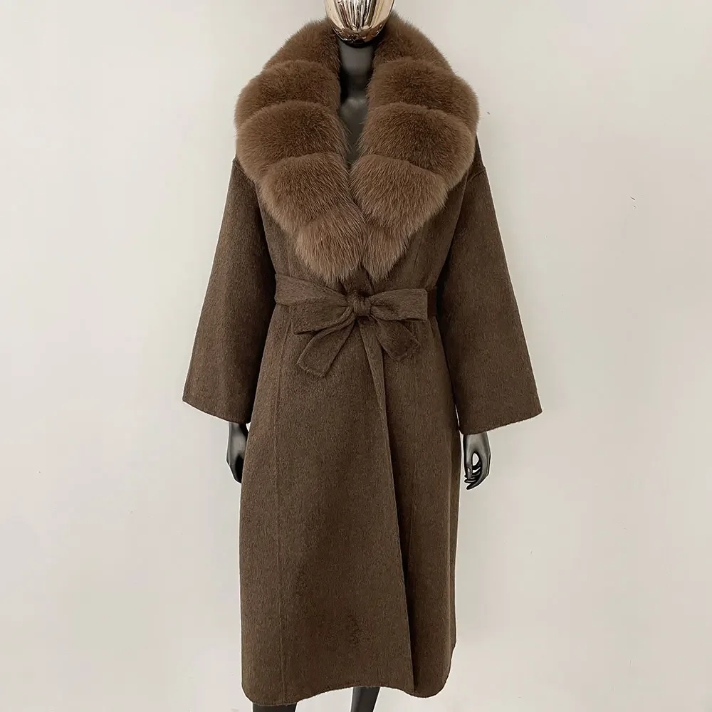 OFTBUY Real Fur Coat 2024 Oversize Ladies Outerwear Winter Women Natural Fox Fur Collar Jacket Hood Cashmere Woolen Blend Coat