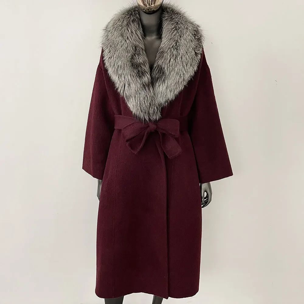 OFTBUY Real Fur Coat 2024 Oversize Ladies Outerwear Winter Women Natural Fox Fur Collar Jacket Hood Cashmere Woolen Blend Coat