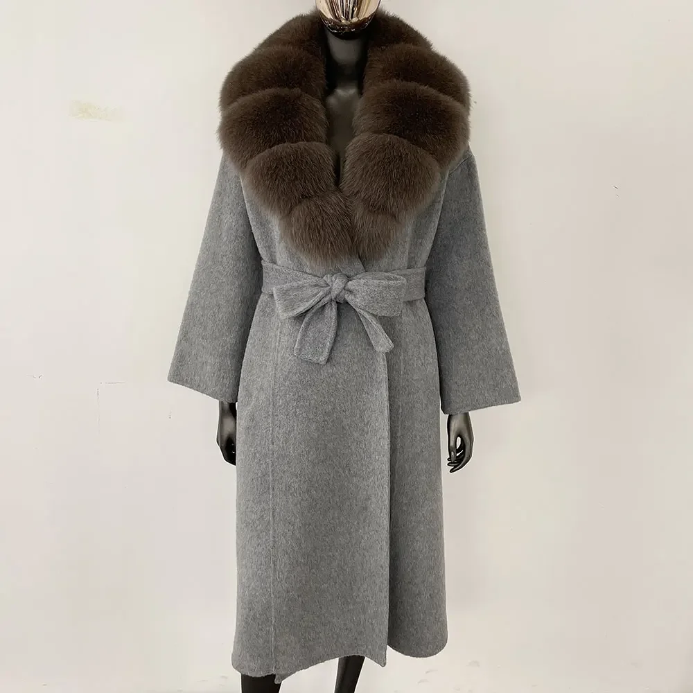 OFTBUY Real Fur Coat 2024 Oversize Ladies Outerwear Winter Women Natural Fox Fur Collar Jacket Hood Cashmere Woolen Blend Coat