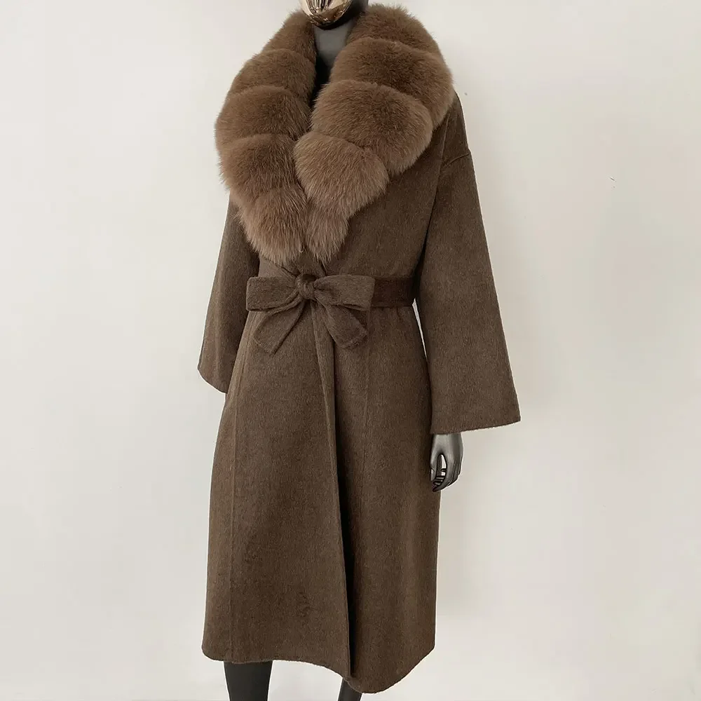 OFTBUY Real Fur Coat 2024 Oversize Ladies Outerwear Winter Women Natural Fox Fur Collar Jacket Hood Cashmere Woolen Blend Coat