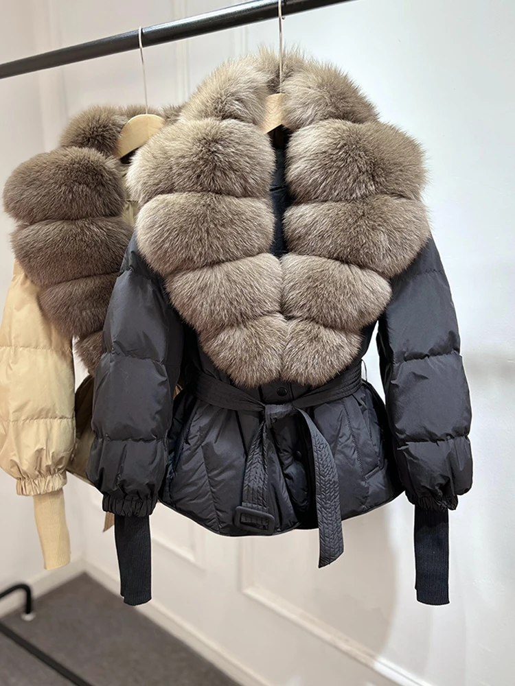 2025 New Winter Large Real Fox Fur Collar Puffer Down Jacket Women Knitted Sleeves Slim Casual White Duck Down Coat Short Parka