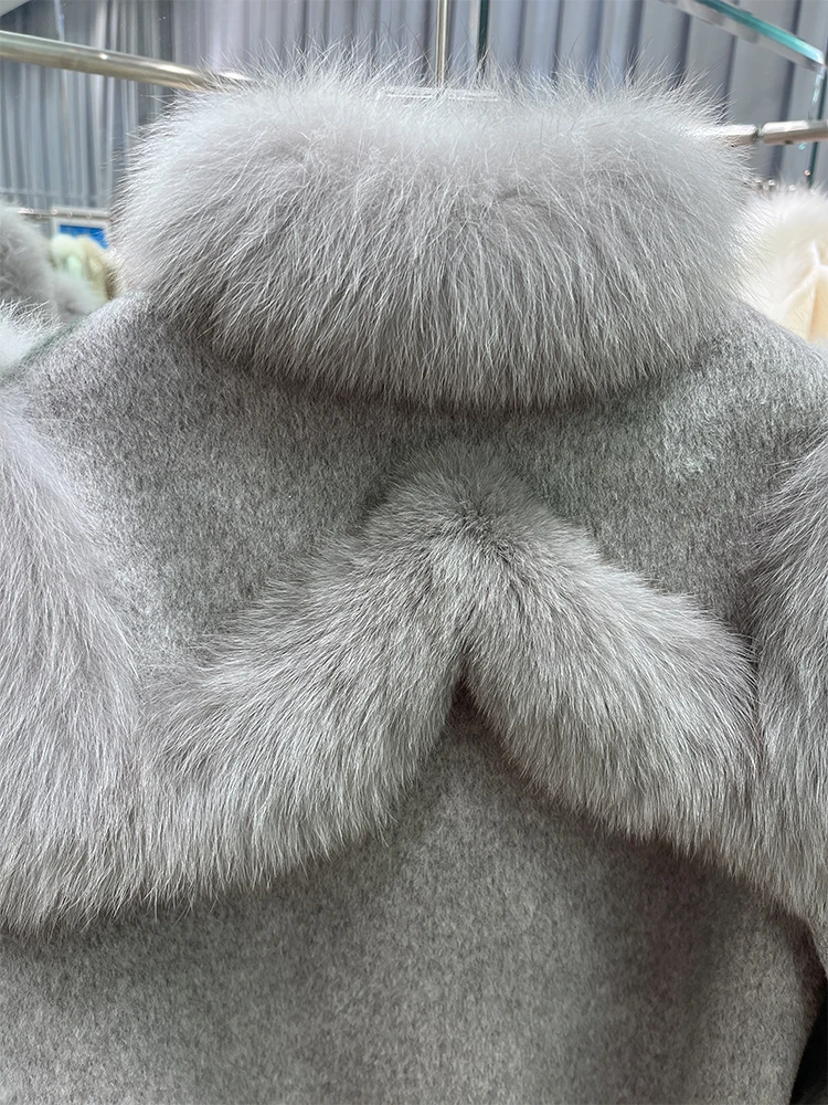 2024 New Autumn Winter Cashmere Wool Woolen Ladies Outerwear Female Coat Real Fur Coat Women Natural Fox Fur Collar Jacket