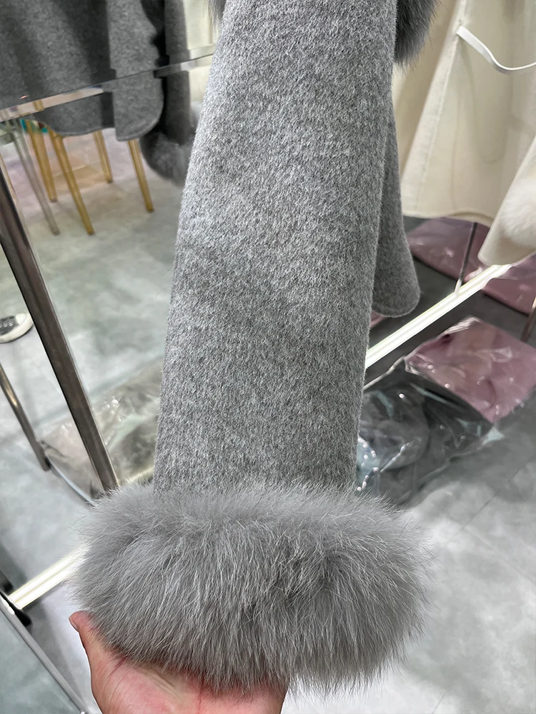 2024 New Autumn Winter Cashmere Wool Woolen Ladies Outerwear Female Coat Real Fur Coat Women Natural Fox Fur Collar Jacket