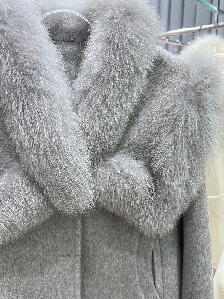 2024 New Autumn Winter Cashmere Wool Woolen Ladies Outerwear Female Coat Real Fur Coat Women Natural Fox Fur Collar Jacket