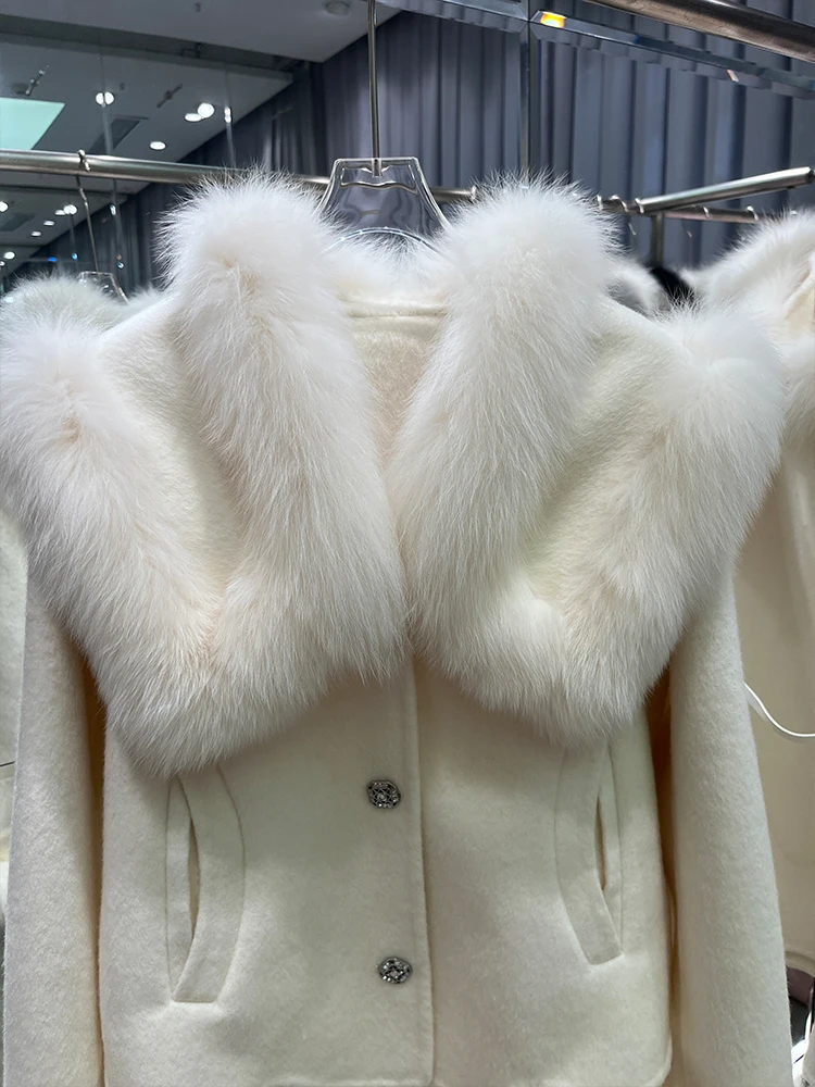 2024 New Autumn Winter Cashmere Wool Woolen Ladies Outerwear Female Coat Real Fur Coat Women Natural Fox Fur Collar Jacket