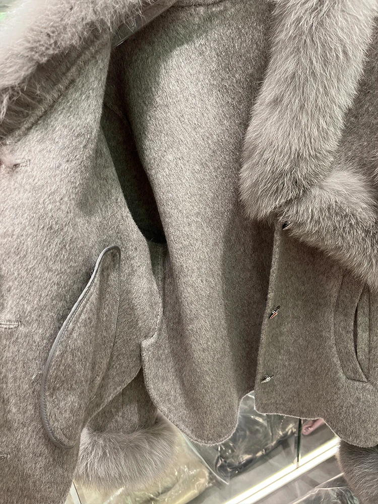 2024 New Autumn Winter Cashmere Wool Woolen Ladies Outerwear Female Coat Real Fur Coat Women Natural Fox Fur Collar Jacket