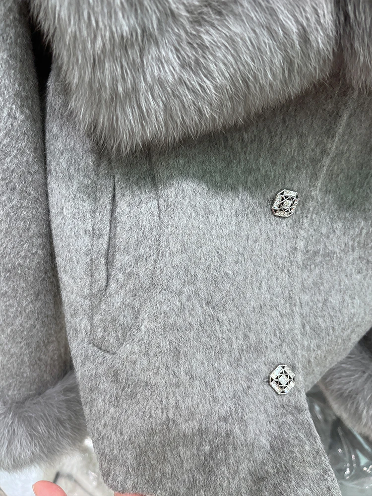 2024 New Autumn Winter Cashmere Wool Woolen Ladies Outerwear Female Coat Real Fur Coat Women Natural Fox Fur Collar Jacket