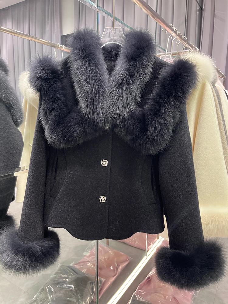 2024 New Autumn Winter Cashmere Wool Woolen Ladies Outerwear Female Coat Real Fur Coat Women Natural Fox Fur Collar Jacket