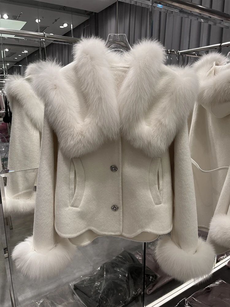 2024 New Autumn Winter Cashmere Wool Woolen Ladies Outerwear Female Coat Real Fur Coat Women Natural Fox Fur Collar Jacket