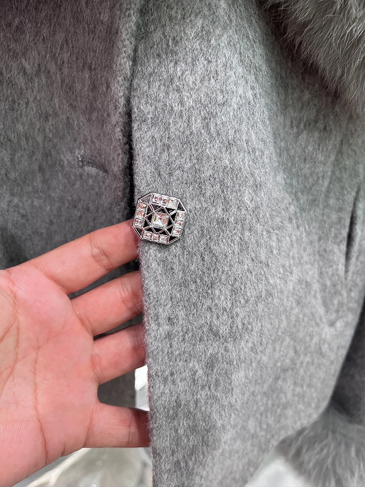 2024 New Autumn Winter Cashmere Wool Woolen Ladies Outerwear Female Coat Real Fur Coat Women Natural Fox Fur Collar Jacket