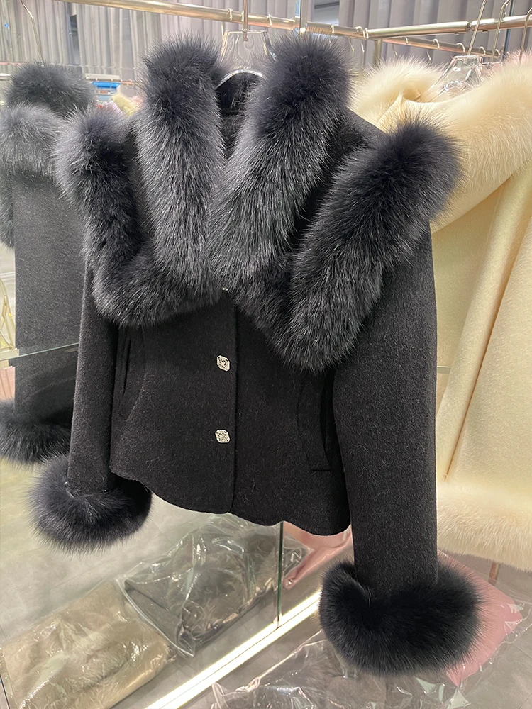 2024 New Autumn Winter Cashmere Wool Woolen Ladies Outerwear Female Coat Real Fur Coat Women Natural Fox Fur Collar Jacket