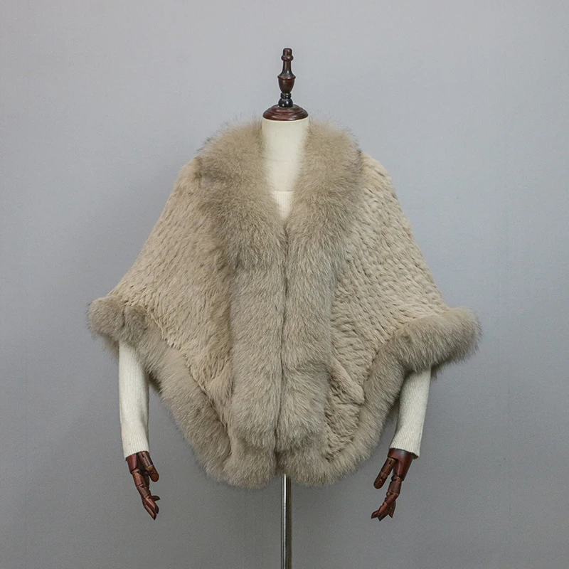 Women 100% Real Rabbit Fur Cape with Fox Fur Collar Winter Warm Knitted Cloak Rabbit Fur Poncho Girls Party Fashion Shawl Scarf