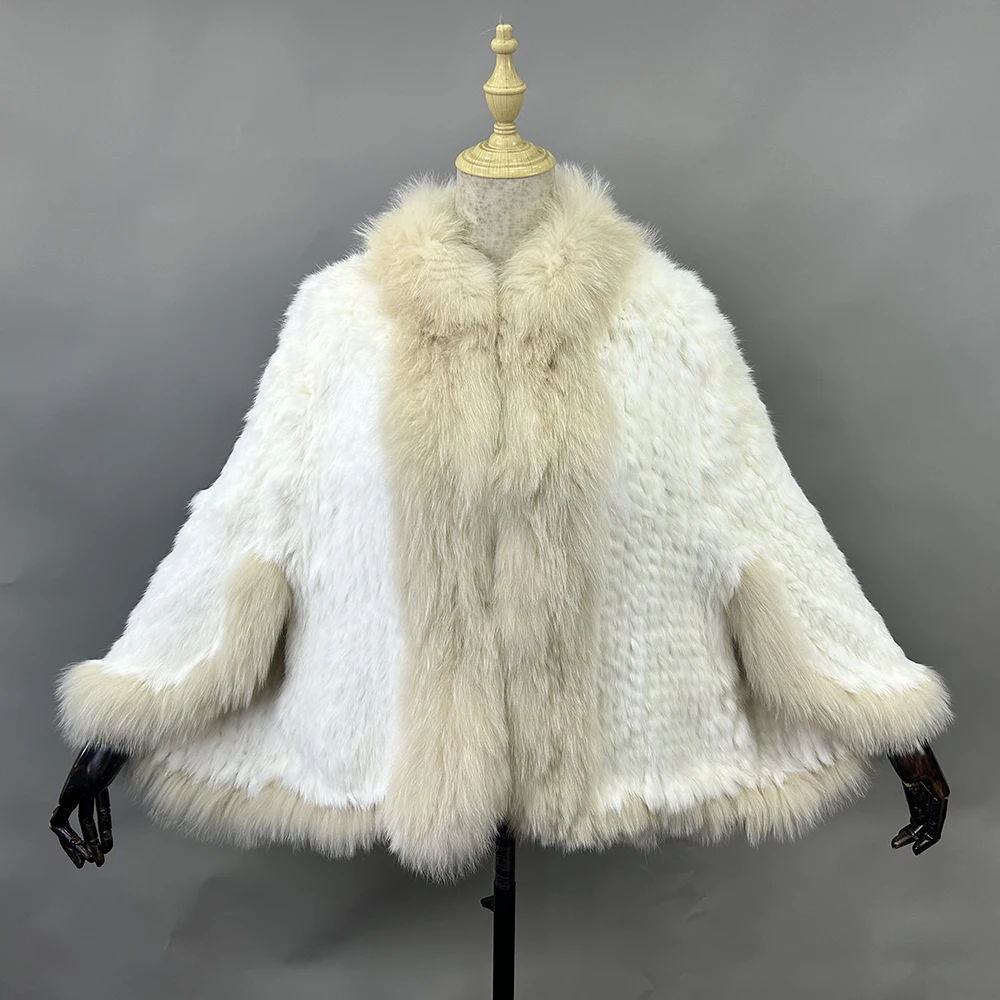 Luxury Ladies Autumn Winter Genuine Knitted Rabbit Fur Shawls Fox Fur Collar Women Fur Pashmina Wraps Bridal Cape Coat Jacket