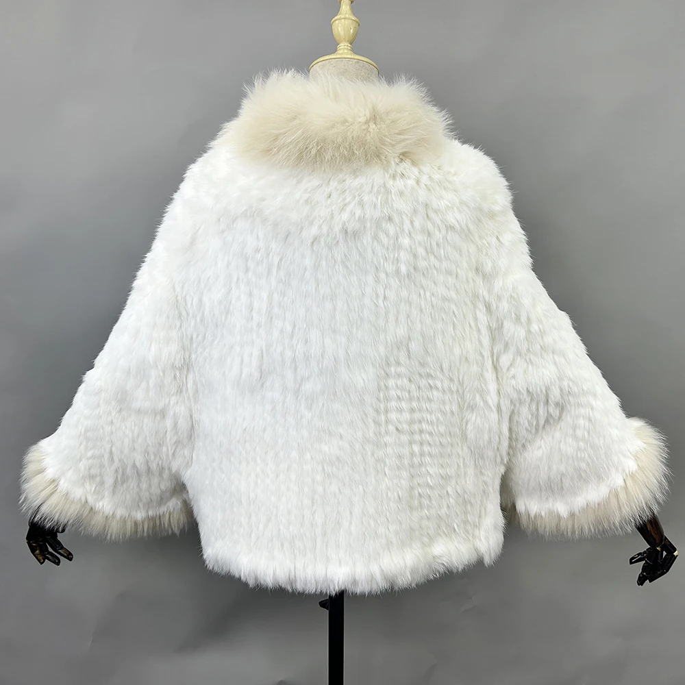 Luxury Ladies Autumn Winter Genuine Knitted Rabbit Fur Shawls Fox Fur Collar Women Fur Pashmina Wraps Bridal Cape Coat Jacket
