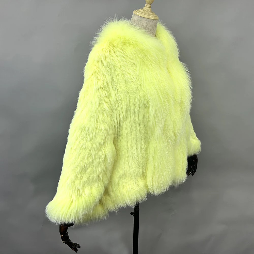 Luxury Ladies Autumn Winter Genuine Knitted Rabbit Fur Shawls Fox Fur Collar Women Fur Pashmina Wraps Bridal Cape Coat Jacket