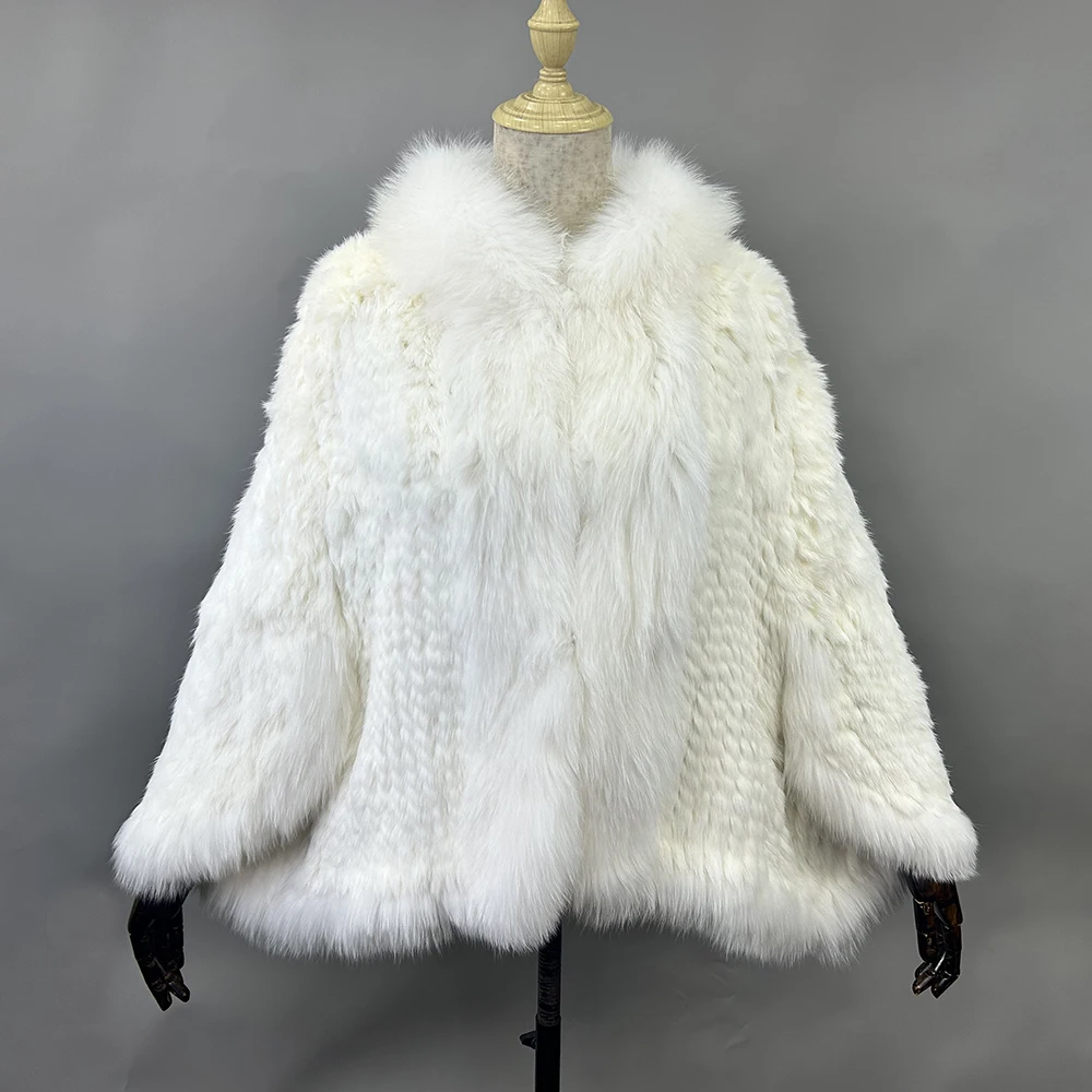 Luxury Ladies Autumn Winter Genuine Knitted Rabbit Fur Shawls Fox Fur Collar Women Fur Pashmina Wraps Bridal Cape Coat Jacket