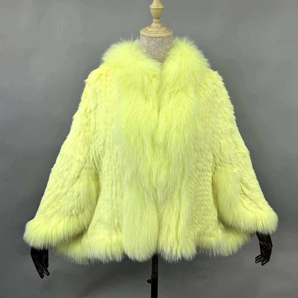 Luxury Ladies Autumn Winter Genuine Knitted Rabbit Fur Shawls Fox Fur Collar Women Fur Pashmina Wraps Bridal Cape Coat Jacket