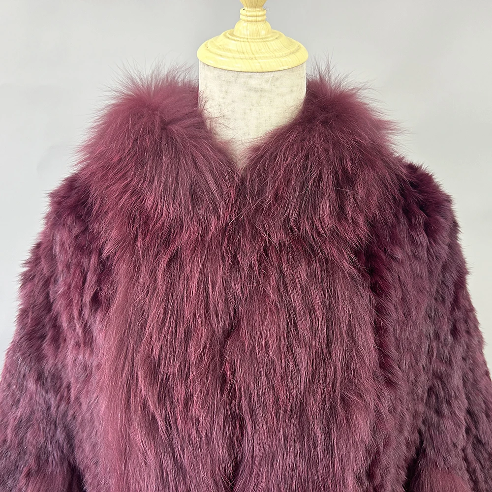 Luxury Ladies Autumn Winter Genuine Knitted Rabbit Fur Shawls Fox Fur Collar Women Fur Pashmina Wraps Bridal Cape Coat Jacket