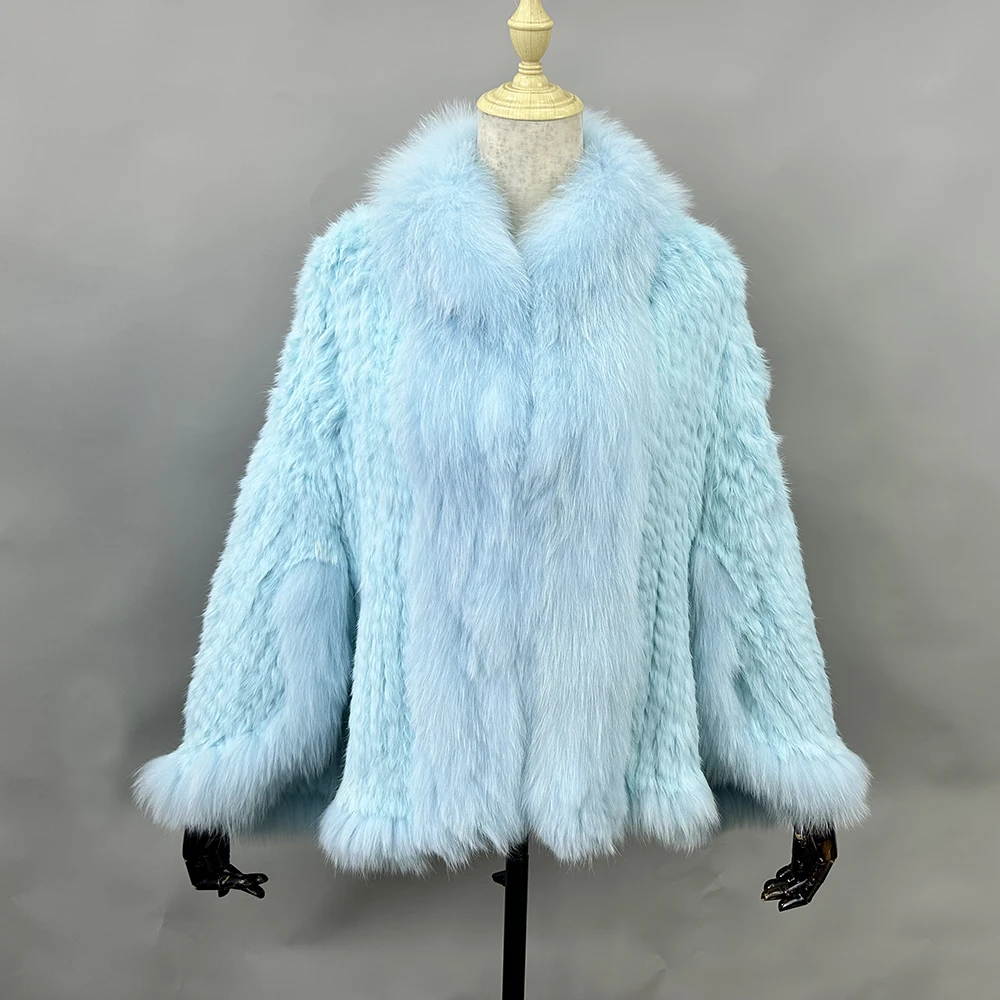 Luxury Ladies Autumn Winter Genuine Knitted Rabbit Fur Shawls Fox Fur Collar Women Fur Pashmina Wraps Bridal Cape Coat Jacket