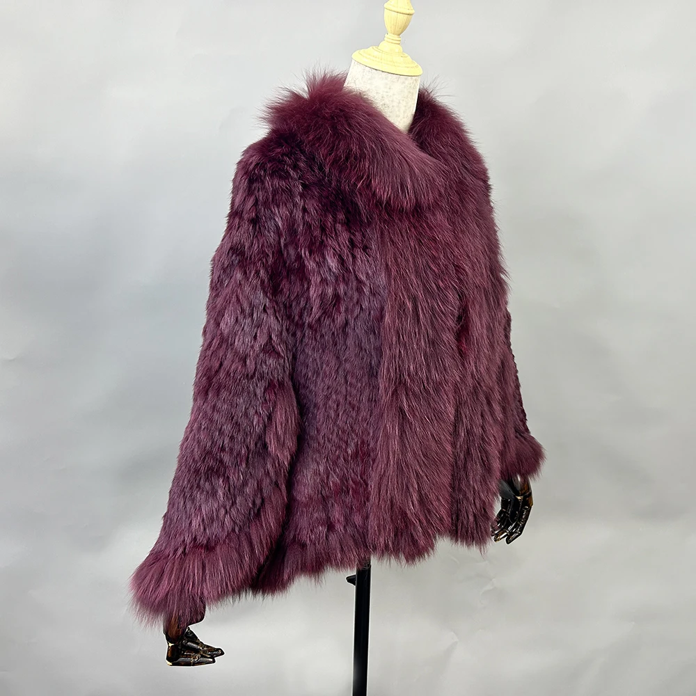 Luxury Ladies Autumn Winter Genuine Knitted Rabbit Fur Shawls Fox Fur Collar Women Fur Pashmina Wraps Bridal Cape Coat Jacket