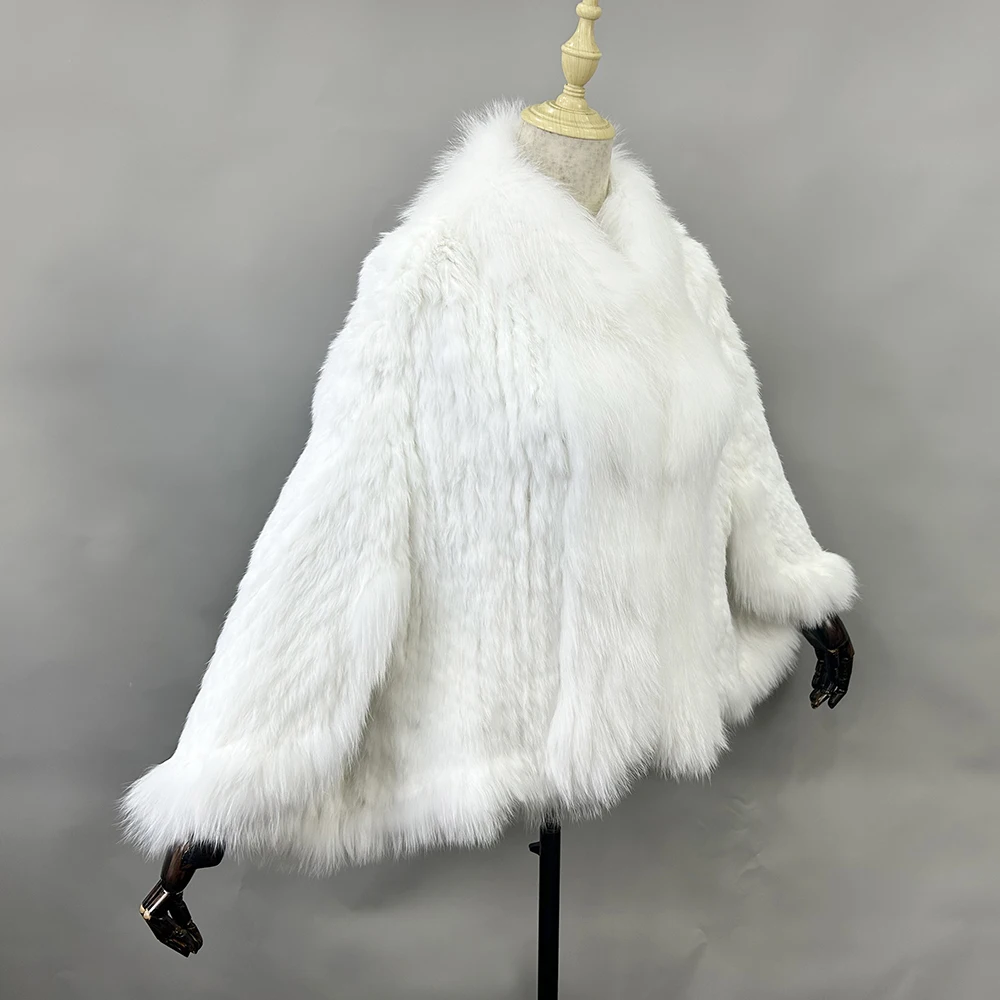 Luxury Ladies Autumn Winter Genuine Knitted Rabbit Fur Shawls Fox Fur Collar Women Fur Pashmina Wraps Bridal Cape Coat Jacket
