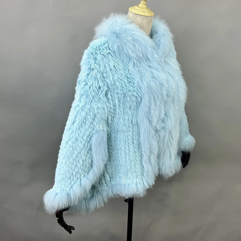Luxury Ladies Autumn Winter Genuine Knitted Rabbit Fur Shawls Fox Fur Collar Women Fur Pashmina Wraps Bridal Cape Coat Jacket