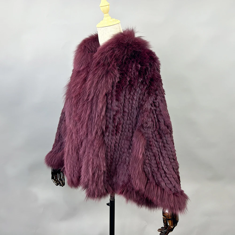 Luxury Ladies Autumn Winter Genuine Knitted Rabbit Fur Shawls Fox Fur Collar Women Fur Pashmina Wraps Bridal Cape Coat Jacket