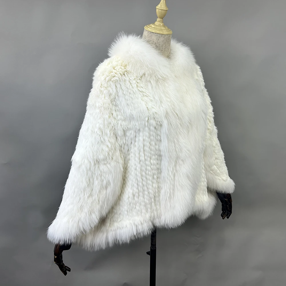 Luxury Ladies Autumn Winter Genuine Knitted Rabbit Fur Shawls Fox Fur Collar Women Fur Pashmina Wraps Bridal Cape Coat Jacket