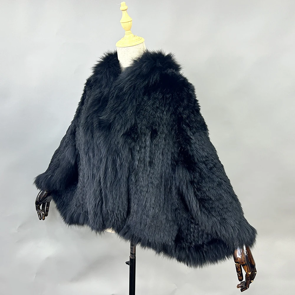 Luxury Ladies Autumn Winter Genuine Knitted Rabbit Fur Shawls Fox Fur Collar Women Fur Pashmina Wraps Bridal Cape Coat Jacket