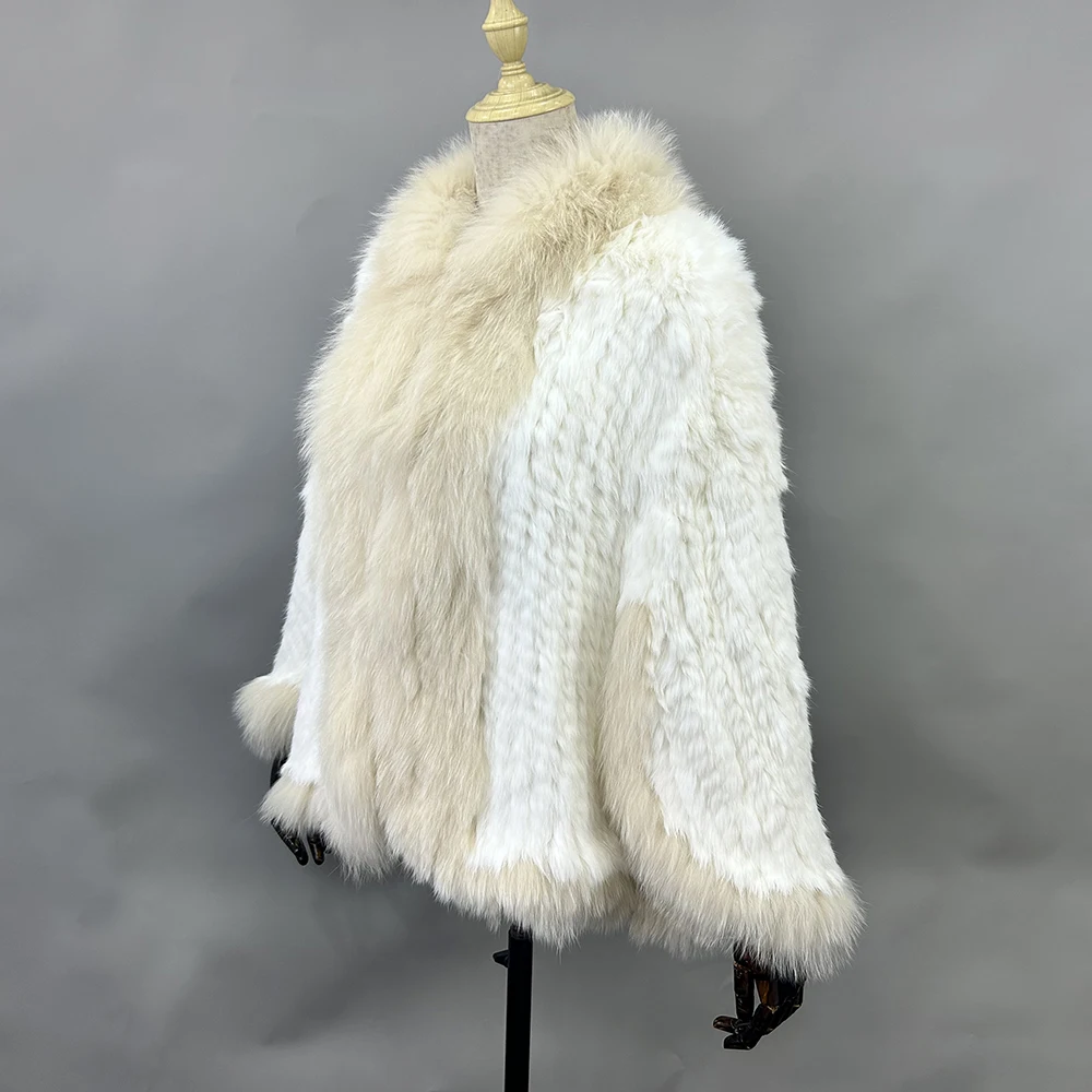 Luxury Ladies Autumn Winter Genuine Knitted Rabbit Fur Shawls Fox Fur Collar Women Fur Pashmina Wraps Bridal Cape Coat Jacket