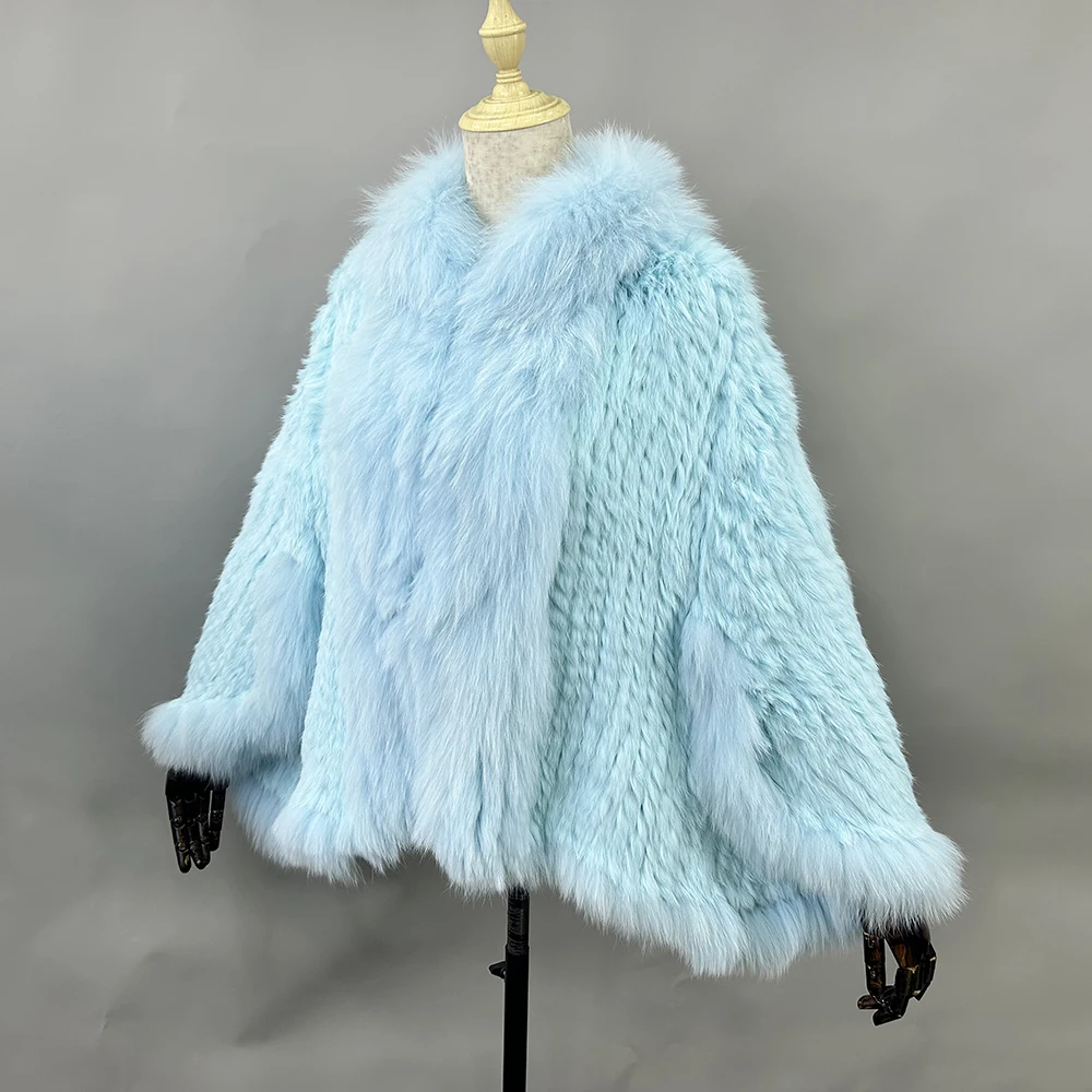 Luxury Ladies Autumn Winter Genuine Knitted Rabbit Fur Shawls Fox Fur Collar Women Fur Pashmina Wraps Bridal Cape Coat Jacket