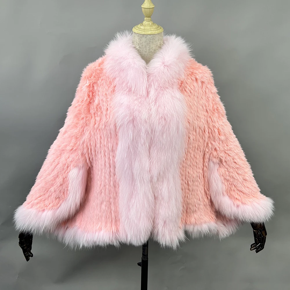 Luxury Ladies Autumn Winter Genuine Knitted Rabbit Fur Shawls Fox Fur Collar Women Fur Pashmina Wraps Bridal Cape Coat Jacket