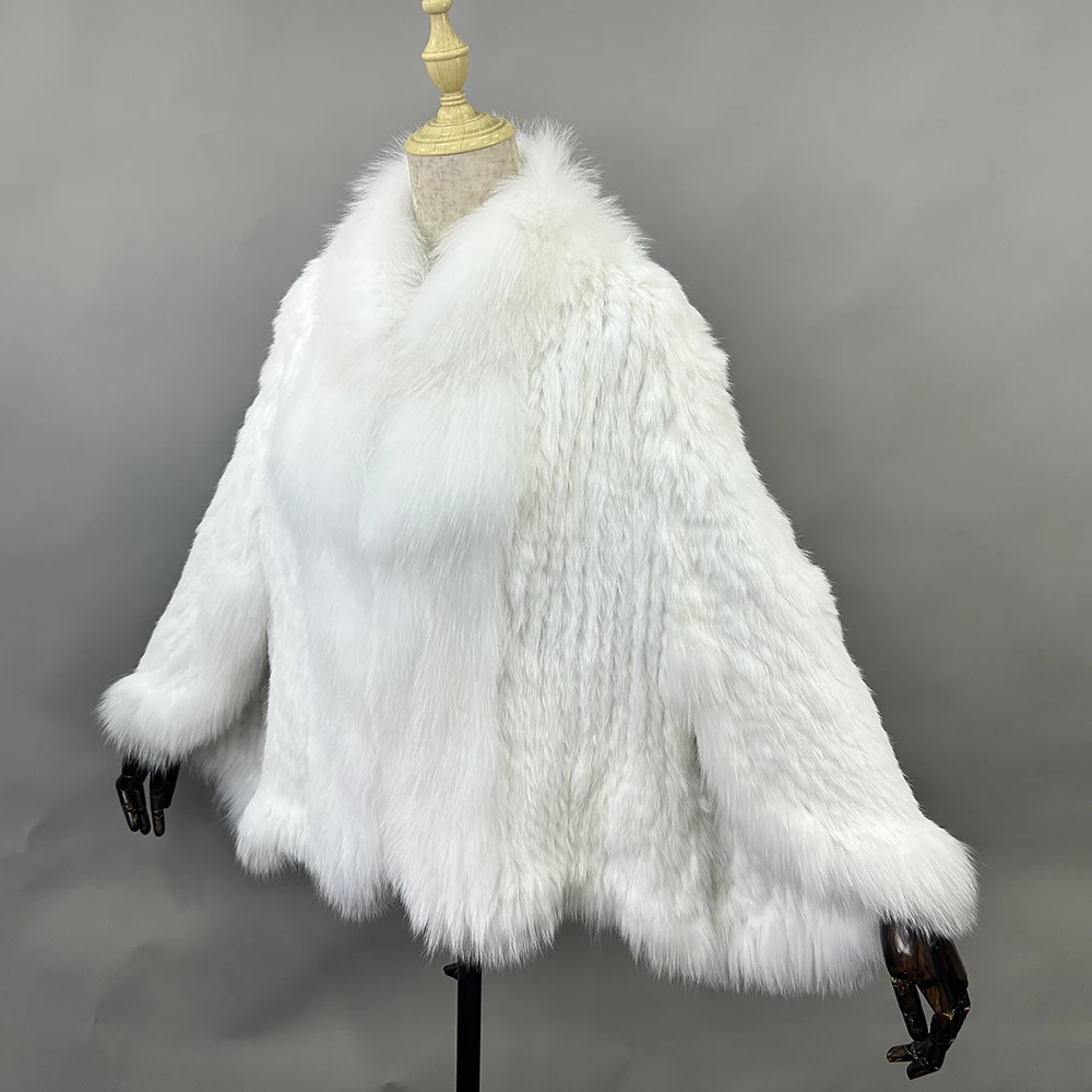 Luxury Ladies Autumn Winter Genuine Knitted Rabbit Fur Shawls Fox Fur Collar Women Fur Pashmina Wraps Bridal Cape Coat Jacket
