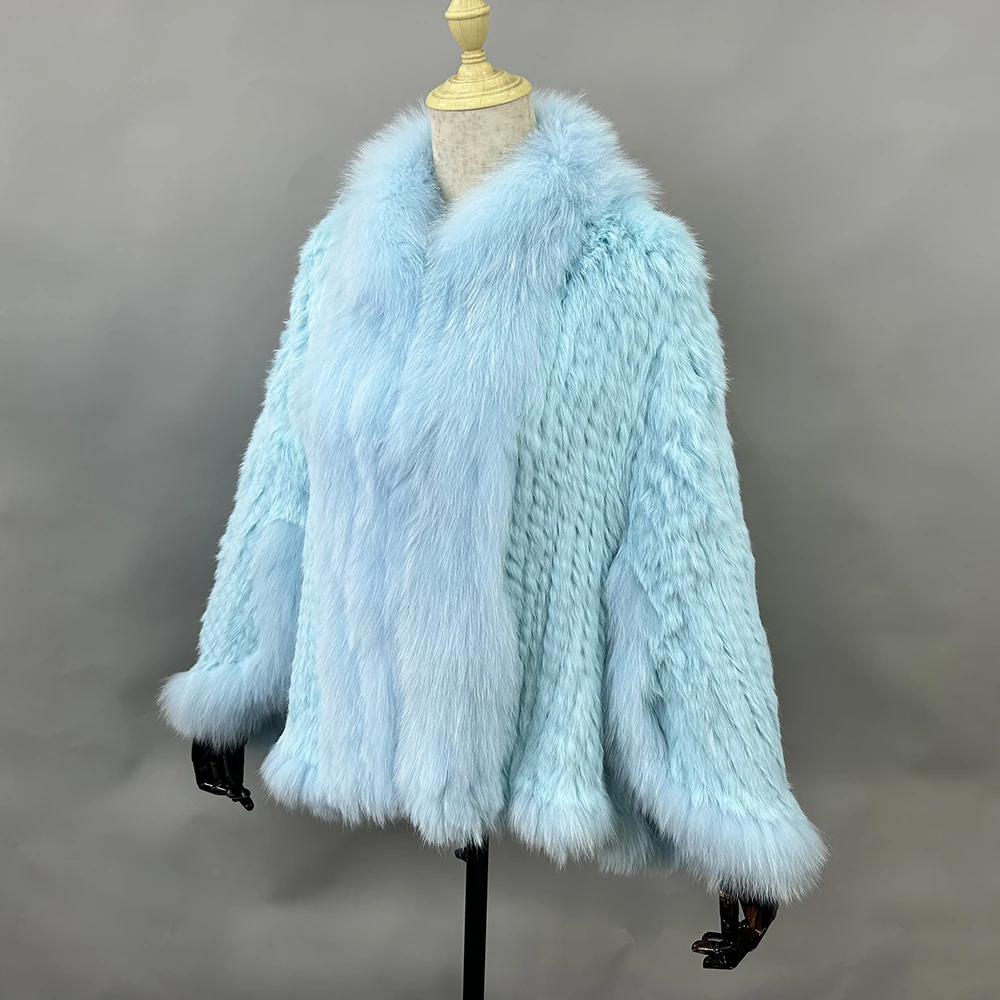Luxury Ladies Autumn Winter Genuine Knitted Rabbit Fur Shawls Fox Fur Collar Women Fur Pashmina Wraps Bridal Cape Coat Jacket