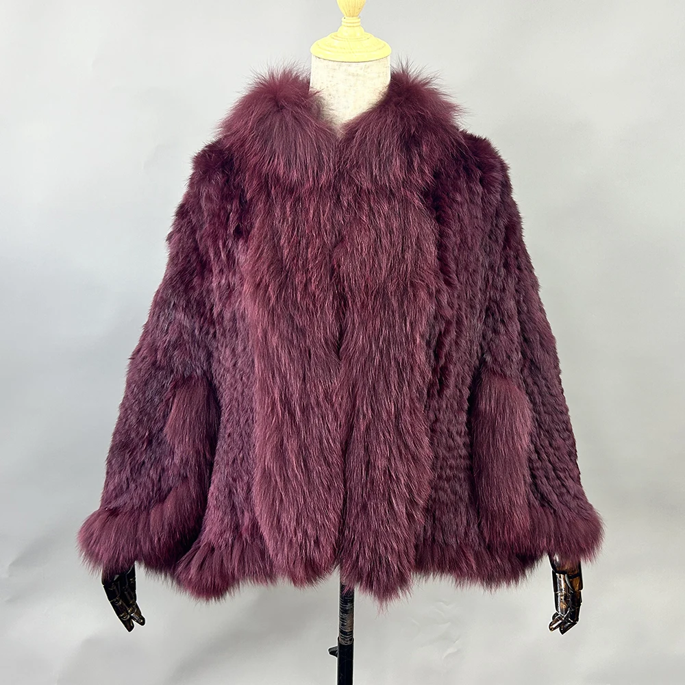 Luxury Ladies Autumn Winter Genuine Knitted Rabbit Fur Shawls Fox Fur Collar Women Fur Pashmina Wraps Bridal Cape Coat Jacket