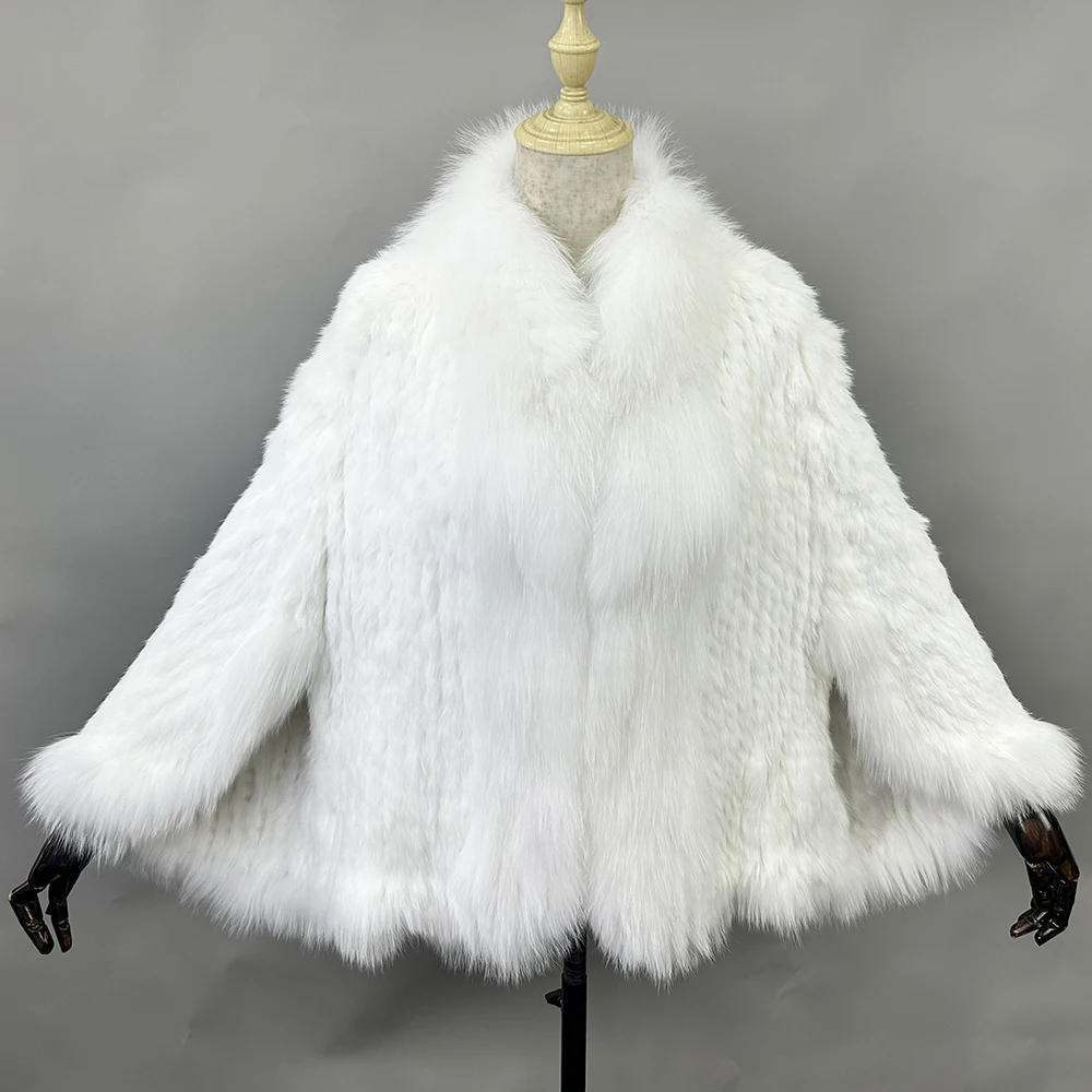 Luxury Ladies Autumn Winter Genuine Knitted Rabbit Fur Shawls Fox Fur Collar Women Fur Pashmina Wraps Bridal Cape Coat Jacket