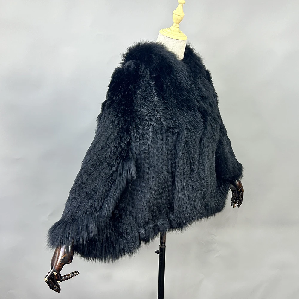 Luxury Ladies Autumn Winter Genuine Knitted Rabbit Fur Shawls Fox Fur Collar Women Fur Pashmina Wraps Bridal Cape Coat Jacket