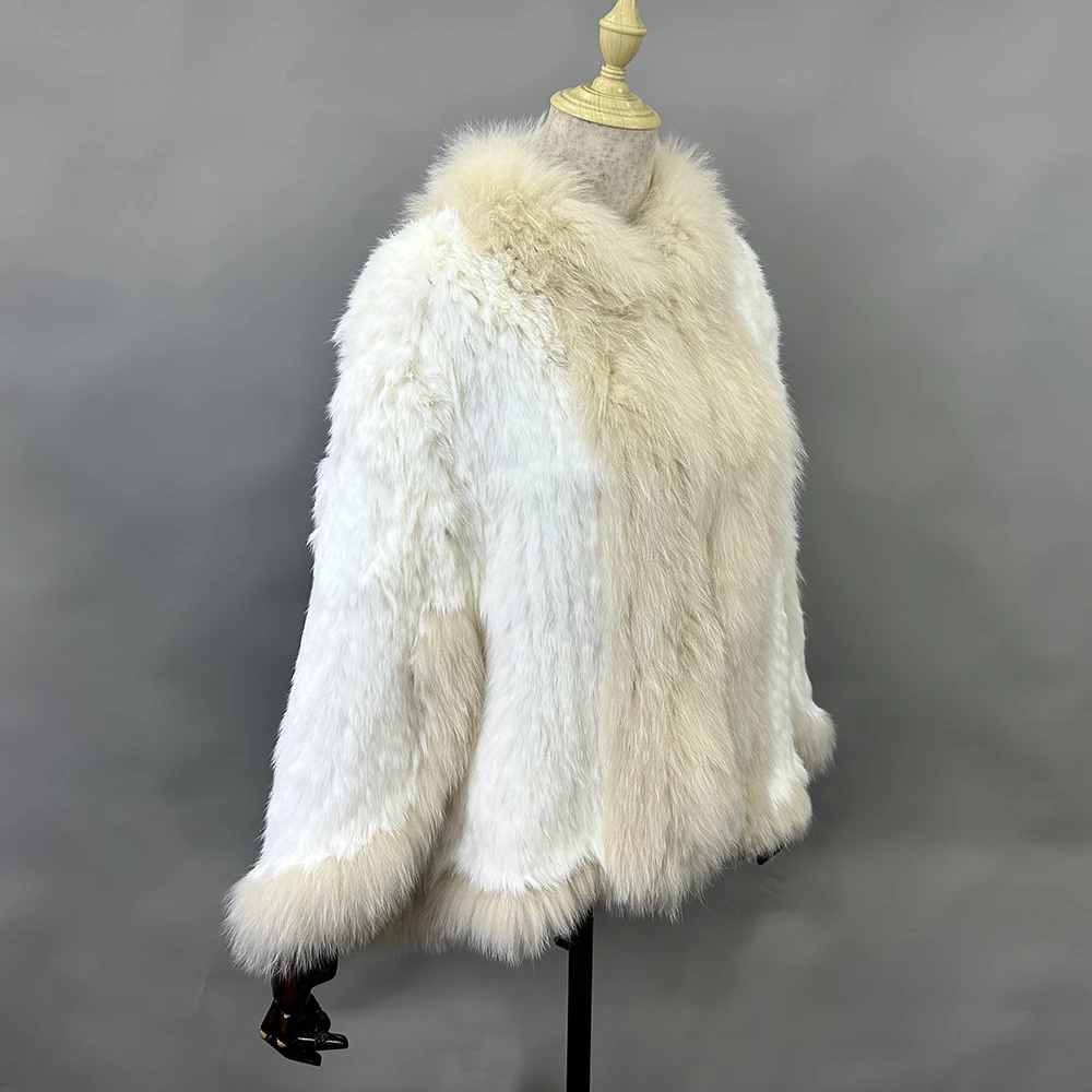 Luxury Ladies Autumn Winter Genuine Knitted Rabbit Fur Shawls Fox Fur Collar Women Fur Pashmina Wraps Bridal Cape Coat Jacket