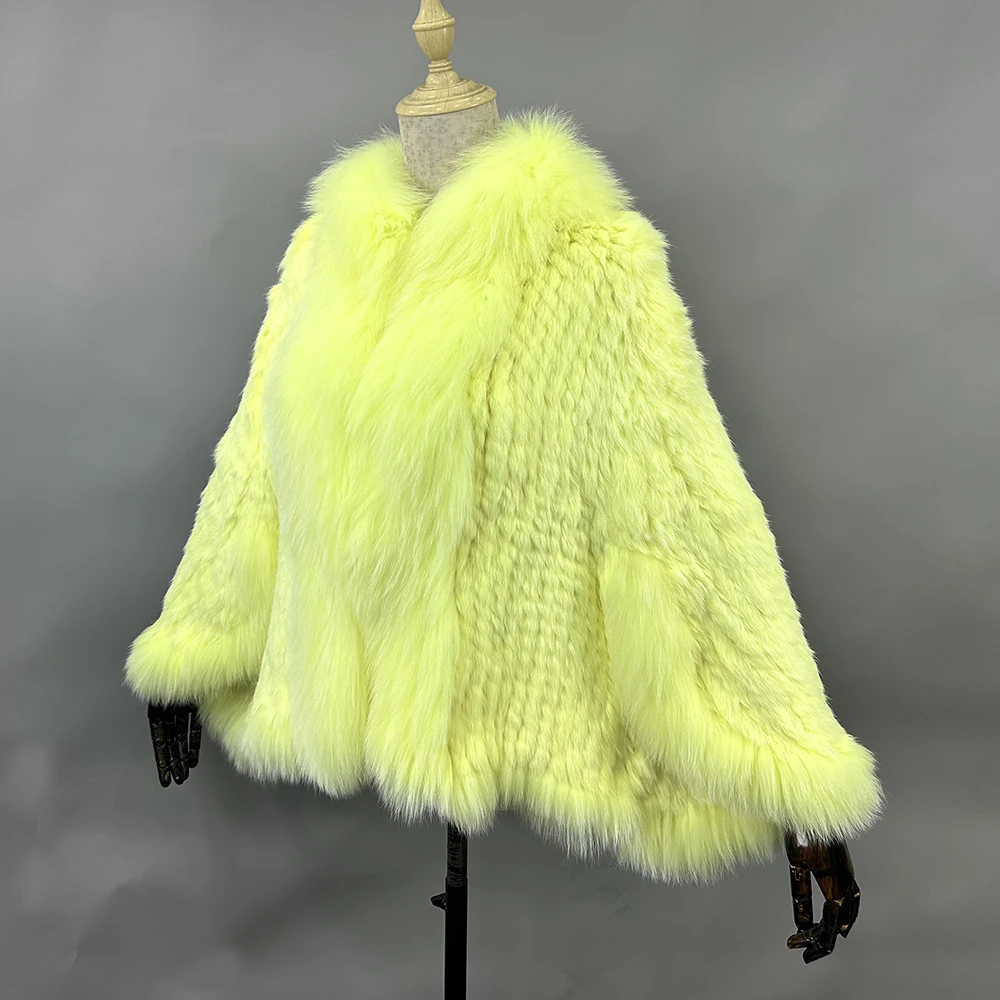 Luxury Ladies Autumn Winter Genuine Knitted Rabbit Fur Shawls Fox Fur Collar Women Fur Pashmina Wraps Bridal Cape Coat Jacket