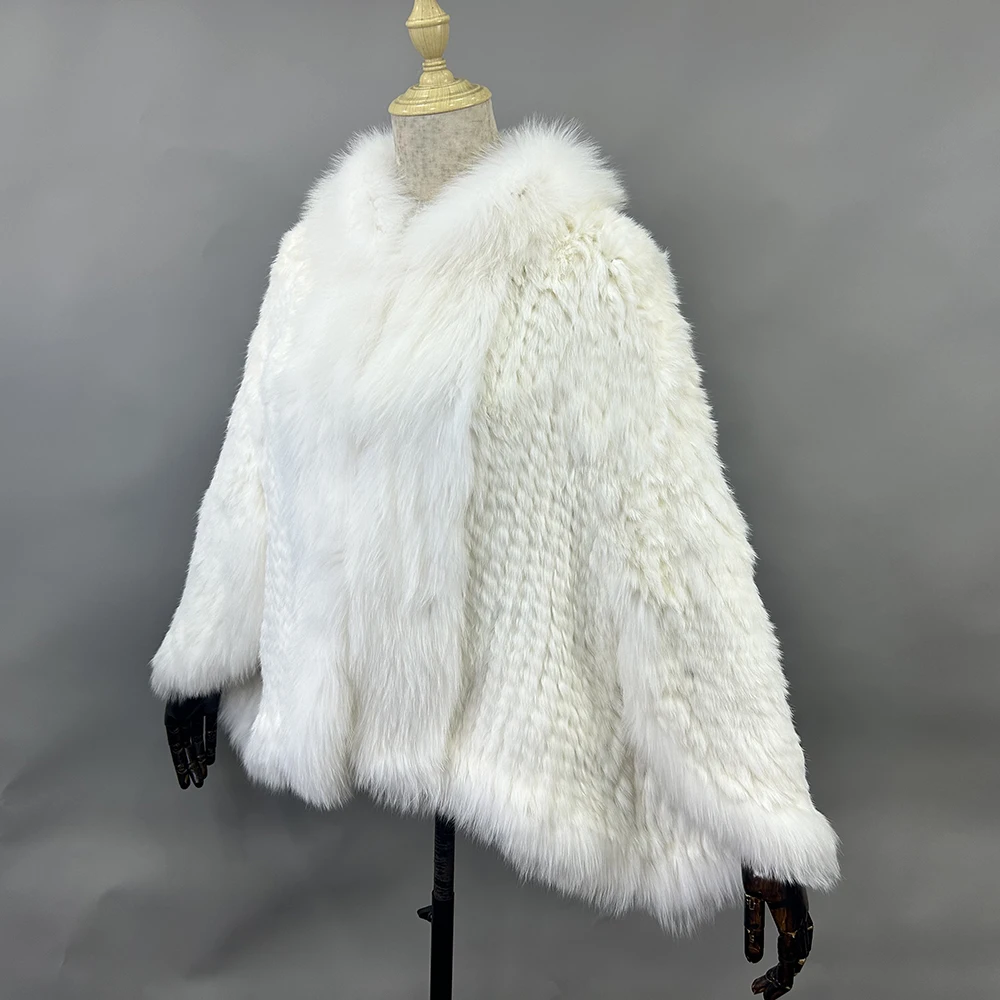 Luxury Ladies Autumn Winter Genuine Knitted Rabbit Fur Shawls Fox Fur Collar Women Fur Pashmina Wraps Bridal Cape Coat Jacket