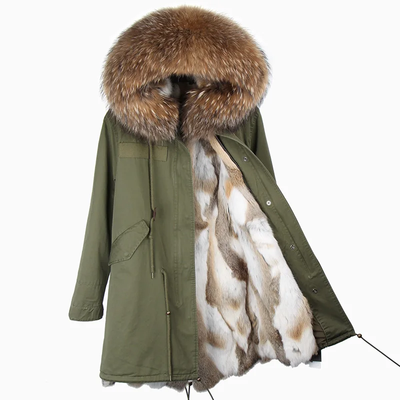 MAOMAOKONG Fashion Women's Real Rabbit Fur Lining Winter Jacket Coat Natural Fox Fur Collar Hooded Long Parkas Female Outwear