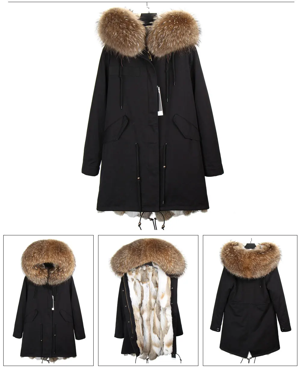 MAOMAOKONG Fashion Women's Real Rabbit Fur Lining Winter Jacket Coat Natural Fox Fur Collar Hooded Long Parkas Female Outwear
