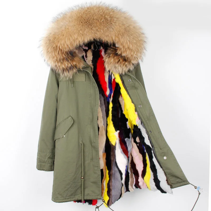 MAOMAOKONG Fashion Women's Real Rabbit Fur Lining Winter Jacket Coat Natural Fox Fur Collar Hooded Long Parkas Female Outwear