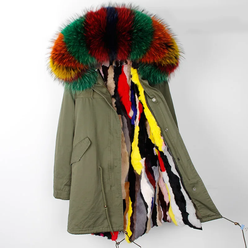 MAOMAOKONG Fashion Women's Real Rabbit Fur Lining Winter Jacket Coat Natural Fox Fur Collar Hooded Long Parkas Female Outwear