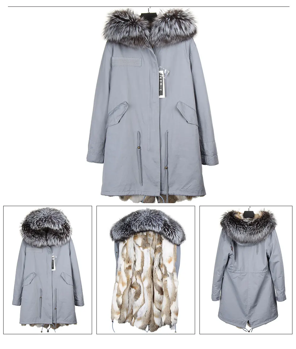 MAOMAOKONG Fashion Women's Real Rabbit Fur Lining Winter Jacket Coat Natural Fox Fur Collar Hooded Long Parkas Female Outwear