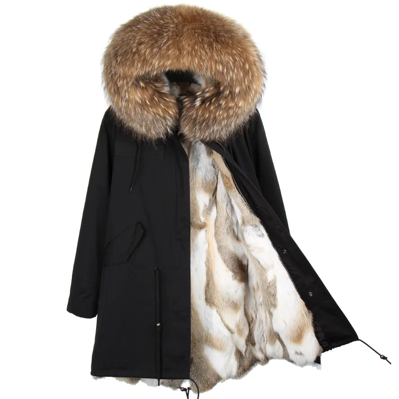 MAOMAOKONG Fashion Women's Real Rabbit Fur Lining Winter Jacket Coat Natural Fox Fur Collar Hooded Long Parkas Female Outwear