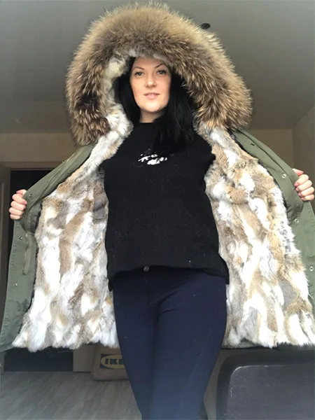MAOMAOKONG Fashion Women's Real Rabbit Fur Lining Winter Jacket Coat Natural Fox Fur Collar Hooded Long Parkas Female Outwear