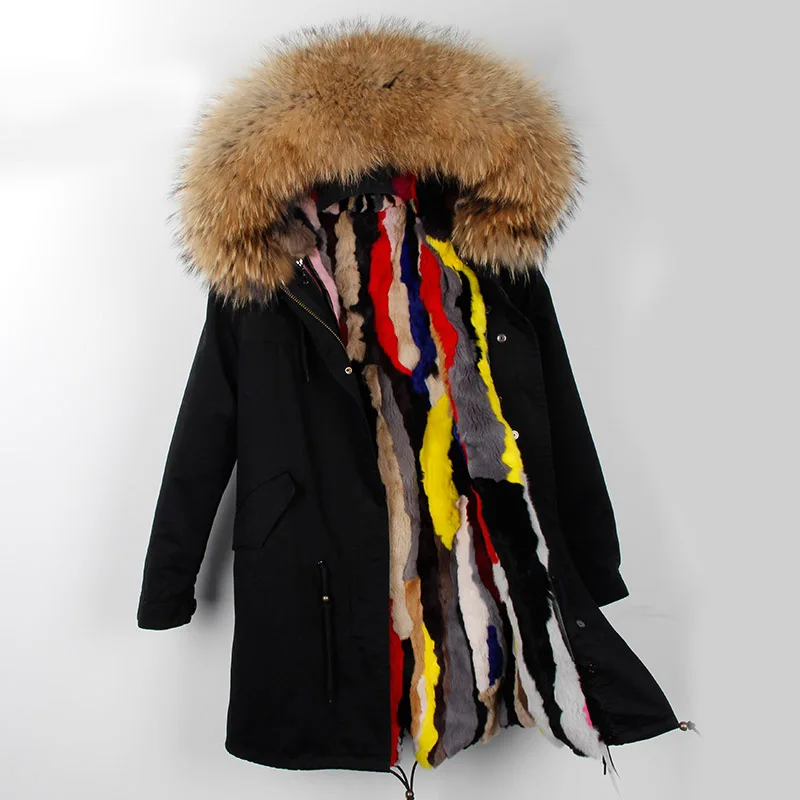 MAOMAOKONG Fashion Women's Real Rabbit Fur Lining Winter Jacket Coat Natural Fox Fur Collar Hooded Long Parkas Female Outwear