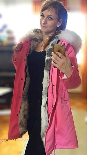 MAOMAOKONG Fashion Women's Real Rabbit Fur Lining Winter Jacket Coat Natural Fox Fur Collar Hooded Long Parkas Female Outwear